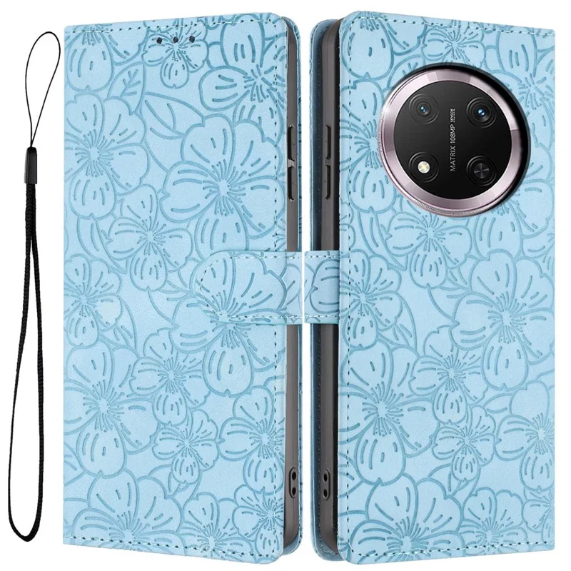 Capa de Couro com Padrão de Flor de Cerejeira para Carteira de Telefone Honor X9c 5G / Magic7 Lite 5G com Suporte e Alça de Pulso - Azul Celeste