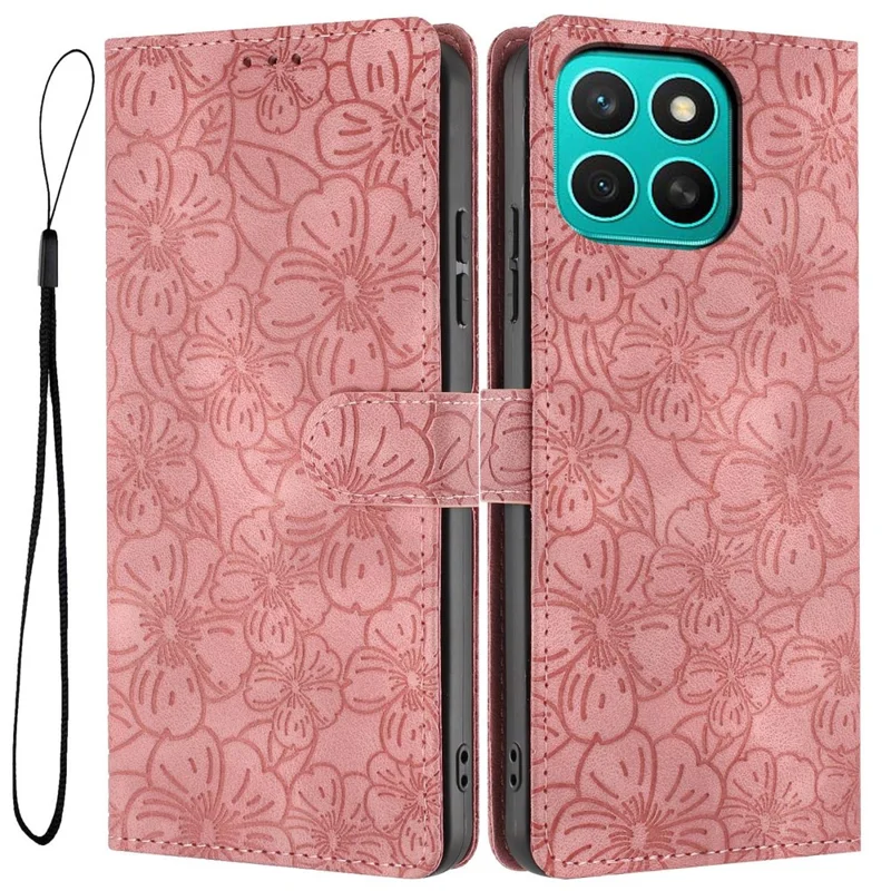 For Honor X8c 4G Flip Case Cherry Blossom Pattern Leather Wallet Stand Phone Cover with Wrist Strap - Pink