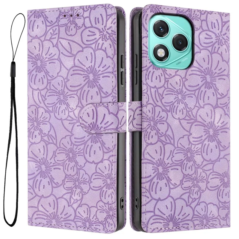 Per Honor 400 Lite 5G Flip Case Cherry Blossom Pattern Leather Wallet Stand Phone Cover con Cinturino da Polso - Viola