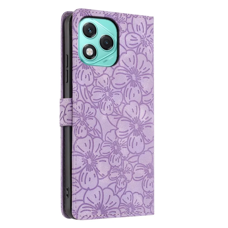 Per Honor 400 Lite 5G Flip Case Cherry Blossom Pattern Leather Wallet Stand Phone Cover con Cinturino da Polso - Viola