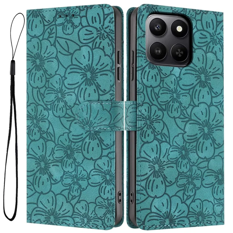 For Honor 400 Smart 5G Flip Case Cherry Blossom Pattern Leather Wallet Stand Phone Cover with Wrist Strap - Green