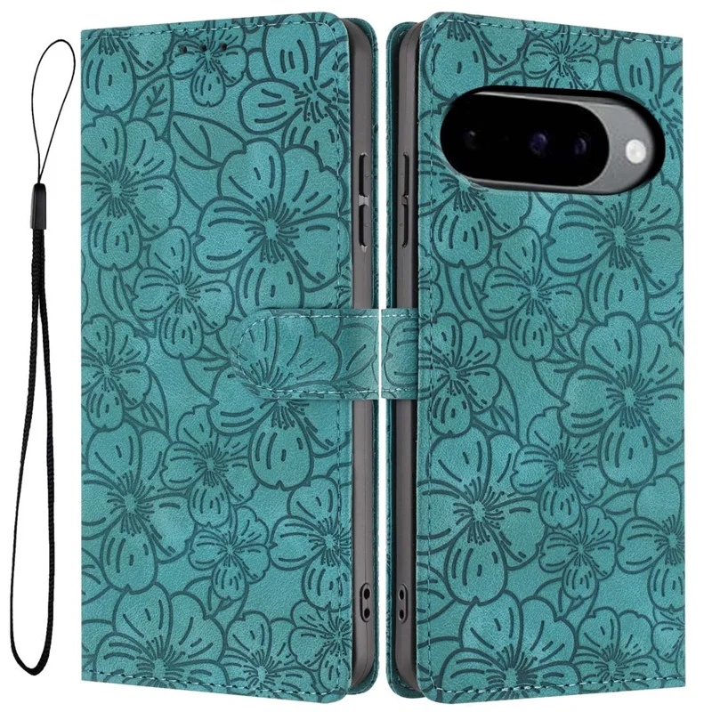 Flip Case For Google Pixel 10 Pro  /  Pixel 10  /  Pixel 9 Pro  /  Pixel 9 Leather Phone Cover Cherry Blossom Pattern Wallet Stand with Wrist Strap - Green