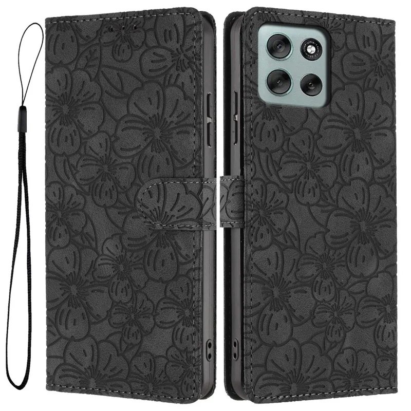 Capa Flip para Motorola Moto G56 5G, Padrão de Flor de Cerejeira, Carteira de Couro com Suporte para Celular e Alça de Pulso - Preta