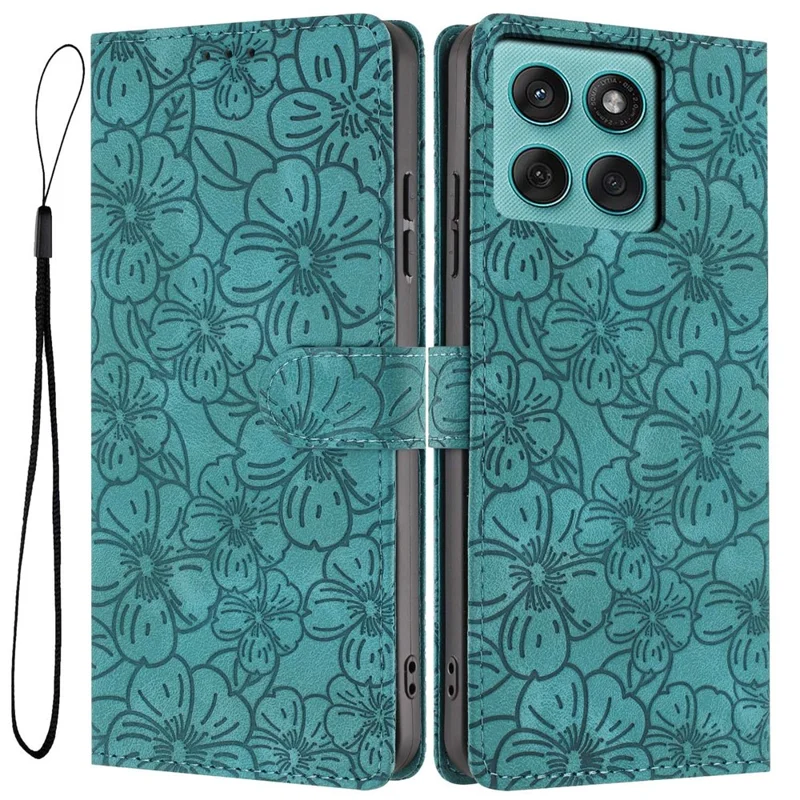 Custodia a Portafoglio in Pelle con Motivo a Fiori di Ciliegio per Motorola Edge 60 Fusion 5G / 60 5G / Edge (2025) 5G, con Supporto e Cinturino da Polso - Verde