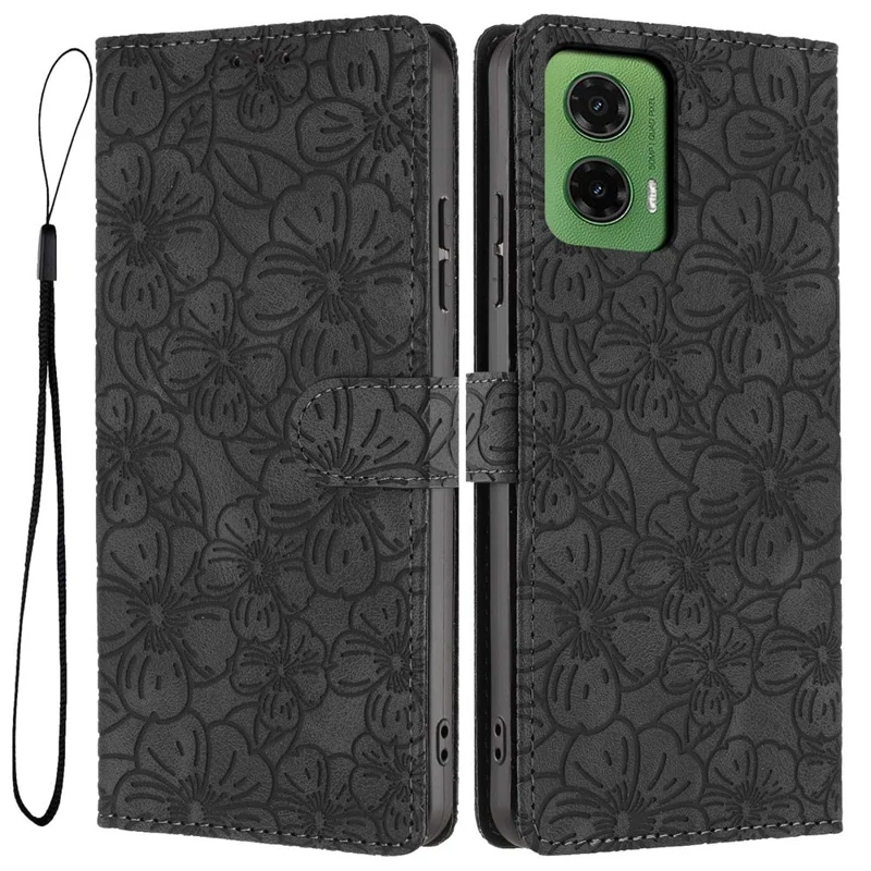 Étui à rabat en cuir pour Motorola Moto G35 5G avec motif de fleurs de cerisier, support de portefeuille et dragonne - Noir