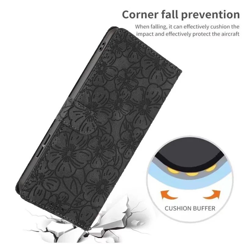 Étui à rabat en cuir pour Motorola Moto G35 5G avec motif de fleurs de cerisier, support de portefeuille et dragonne - Noir