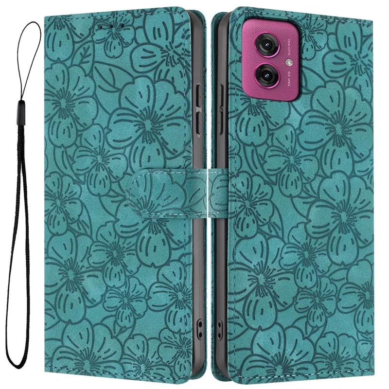 Custodia a portafoglio in pelle con motivo a fiori di ciliegio per Motorola Moto G55 5G, con supporto e cinturino da polso - Verde