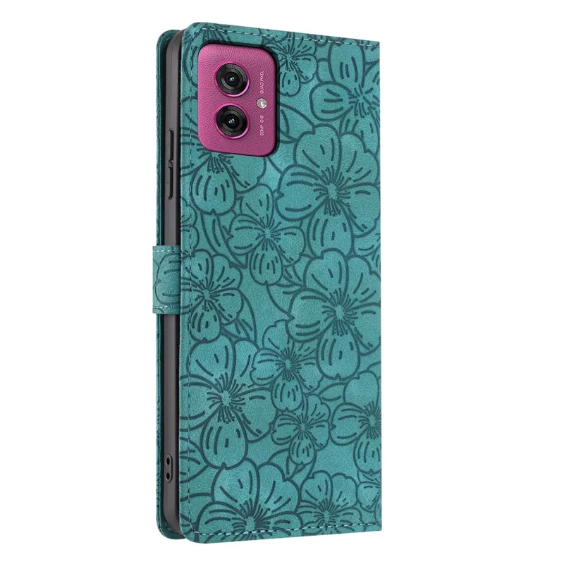 Custodia a portafoglio in pelle con motivo a fiori di ciliegio per Motorola Moto G55 5G, con supporto e cinturino da polso - Verde