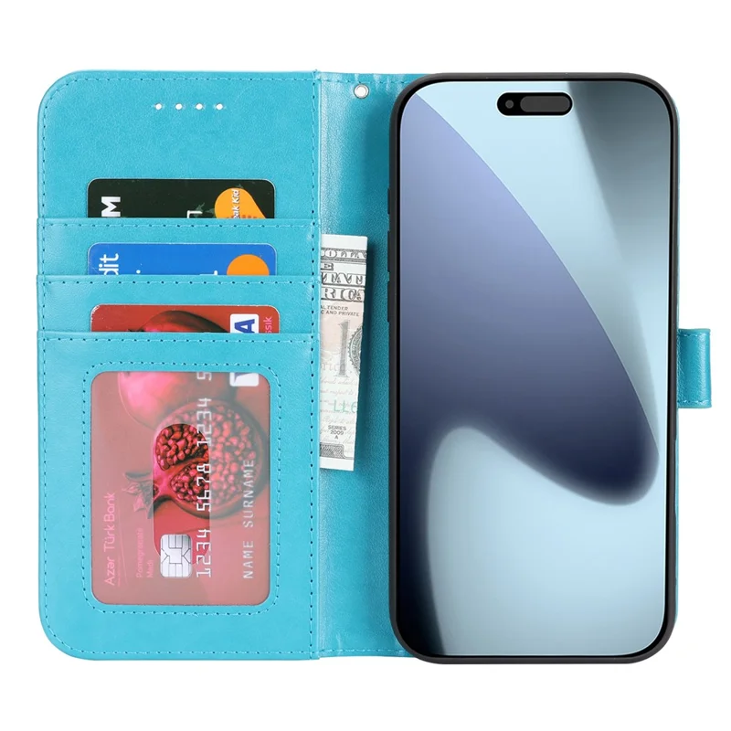 iPhone 17 Pro Hülle R61 Textur Leder-Flip-Handyhülle mit Handgelenkschlaufe - Blau