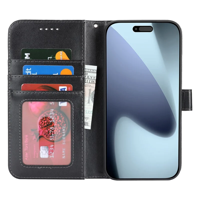 iPhone 17 Pro Max Hülle R61 Textur Leder Flip Handyhülle mit Handgelenkschlaufe - Schwarz