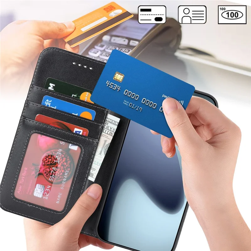 iPhone 17 Pro Max Hülle R61 Textur Leder Flip Handyhülle mit Handgelenkschlaufe - Schwarz