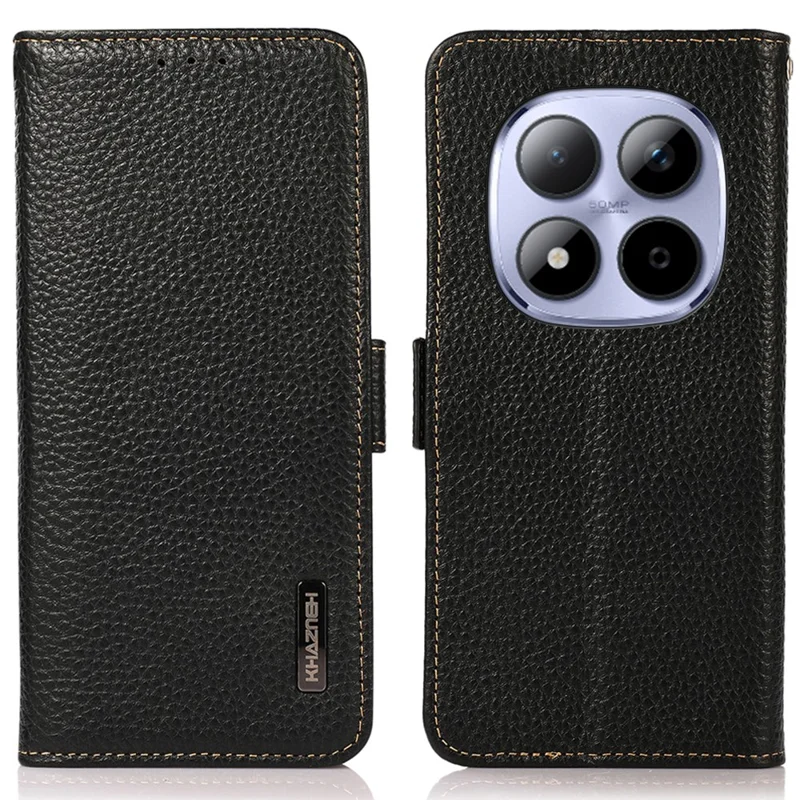 KHAZNEH for Xiaomi Redmi Note 15 Pro 5G (Global) Phone Case Genuine Cow Leather Cover RFID Blocking - Black