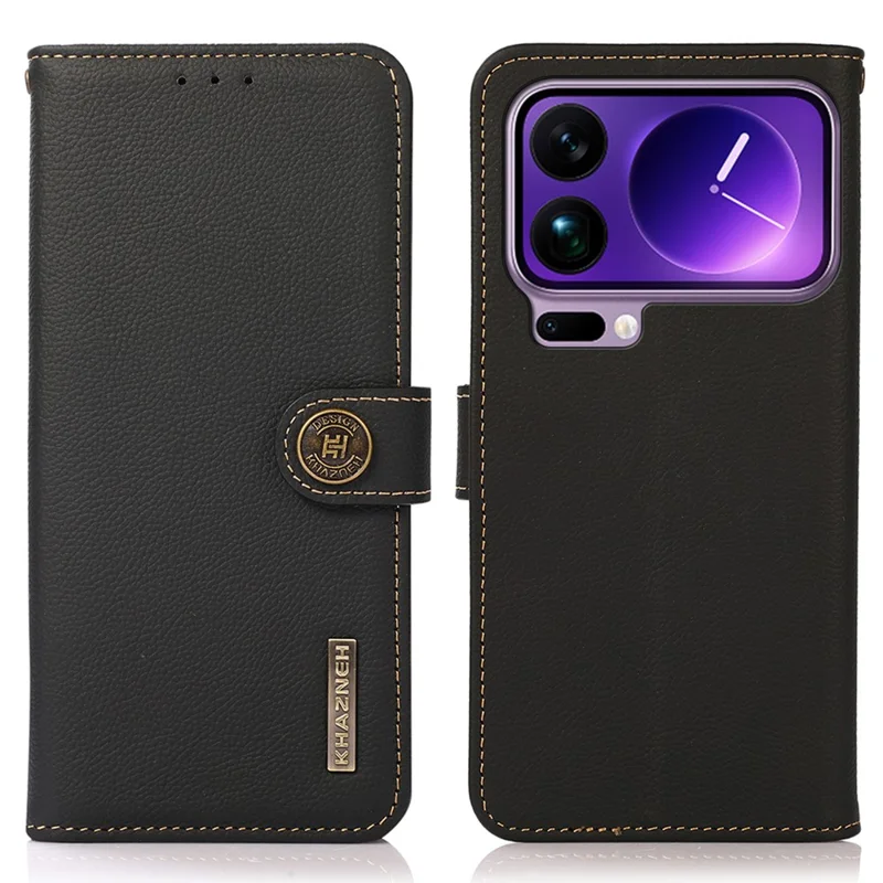 KHAZNEH for Xiaomi 17 Pro Max Case Genuine Cow Leather RFID Blocking Wallet Phone Cover - Black
