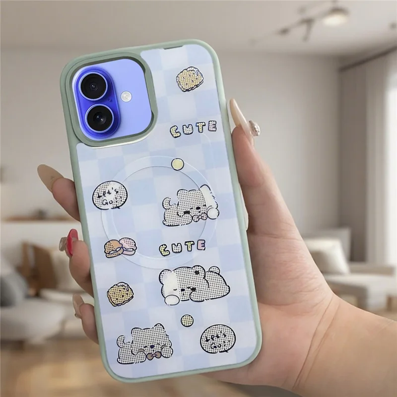 For iPhone 16 Magnetic Case TPU PC Phone Cover with Detachable Cookie Bear Blue Backplate - Green