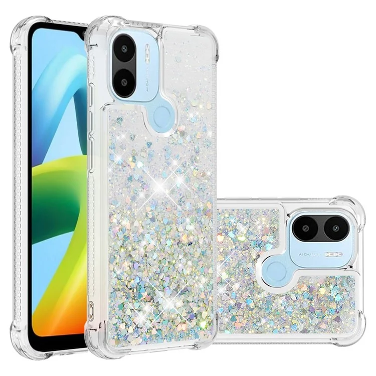 Coque de téléphone anti-rayures pour Xiaomi Redmi A1 4G / A2 4G / A1+ 4G / A2+ 4G / Poco C50 4G YB Quicksand Series-1 Liquid Floating Glitter Sequins TPU - Argent / Cœurs