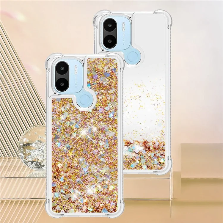 For Xiaomi Redmi A1 4G / A2 4G / A1+ 4G / A2+ 4G / Poco C50 4G TPU Case Glitter Quicksand Shockproof Phone Back Cover - Gold  /  Hearts