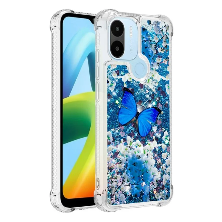 Étui de protection pour téléphone de la série Quicksand à motif imprimé pour Xiaomi Redmi A1 4G / A2 4G / A1+ 4G / A2+ 4G / Poco C50 4G, Étui de protection arrière TPU à paillettes et sable mouvant - Papillon bleu 