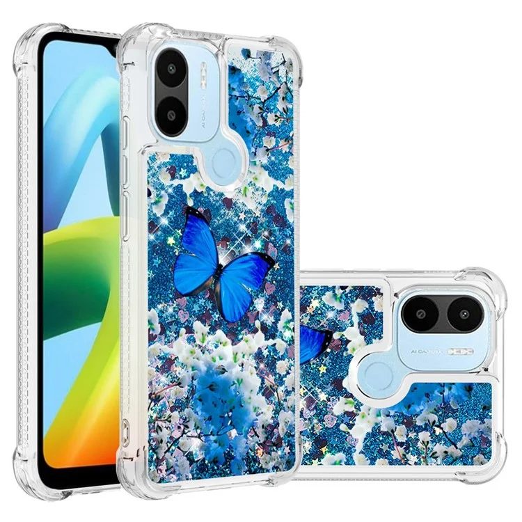 Étui de protection pour téléphone de la série Quicksand à motif imprimé pour Xiaomi Redmi A1 4G / A2 4G / A1+ 4G / A2+ 4G / Poco C50 4G, Étui de protection arrière TPU à paillettes et sable mouvant - Papillon bleu 