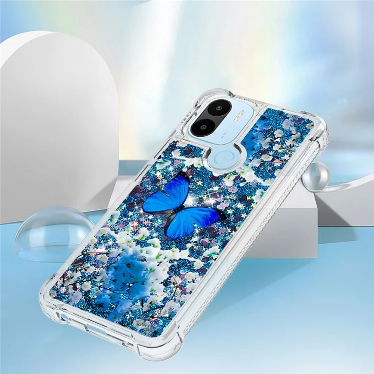 Étui de protection pour téléphone de la série Quicksand à motif imprimé pour Xiaomi Redmi A1 4G / A2 4G / A1+ 4G / A2+ 4G / Poco C50 4G, Étui de protection arrière TPU à paillettes et sable mouvant - Papillon bleu 