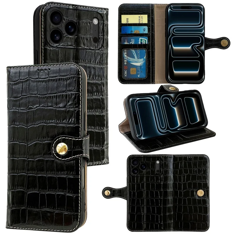 For iPhone 17 Pro Max Case Crocodile Texture Genuine Cow Leather Wallet Phone Cover - Black