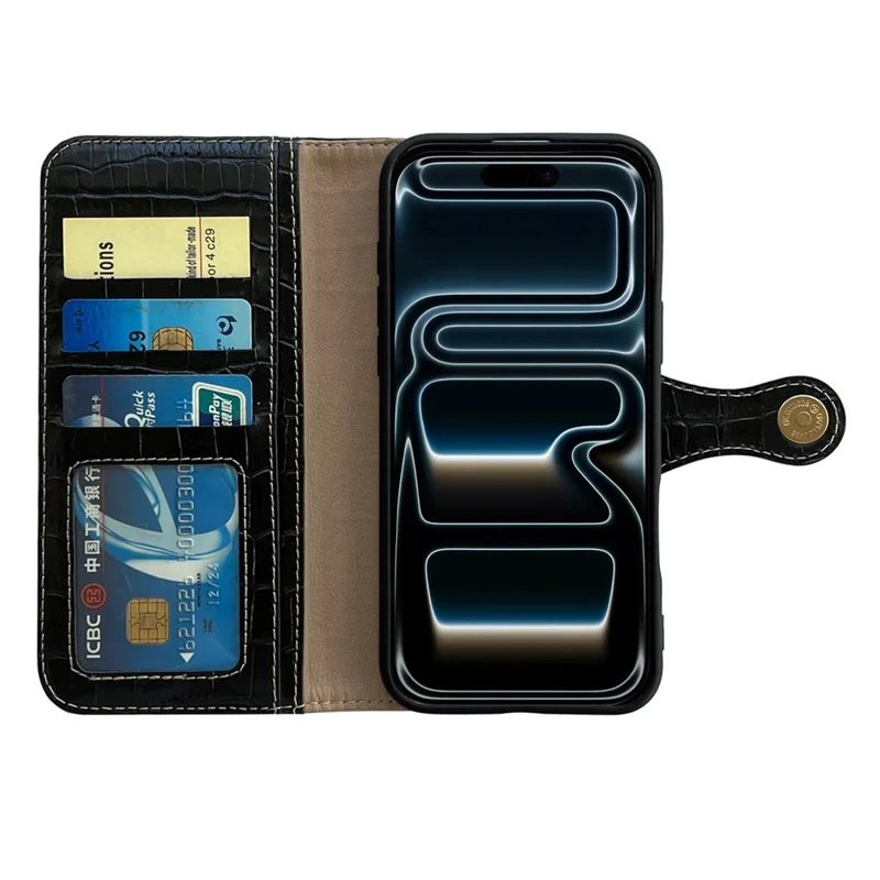 For iPhone 17 Pro Max Case Crocodile Texture Genuine Cow Leather Wallet Phone Cover - Black