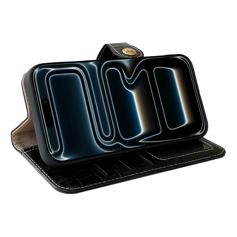 For iPhone 17 Pro Max Case Crocodile Texture Genuine Cow Leather Wallet Phone Cover - Black