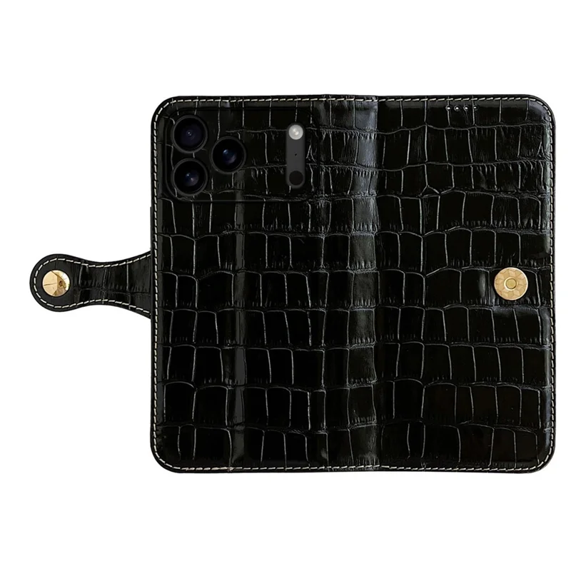 For iPhone 17 Pro Max Case Crocodile Texture Genuine Cow Leather Wallet Phone Cover - Black