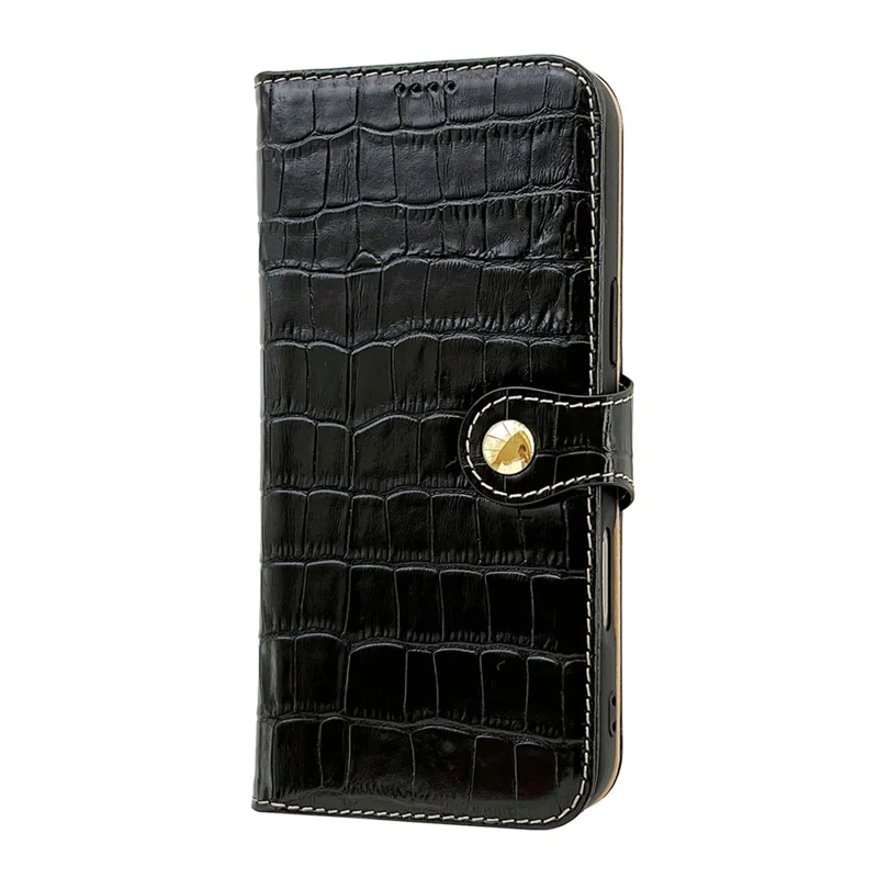 For iPhone 17 Pro Max Case Crocodile Texture Genuine Cow Leather Wallet Phone Cover - Black