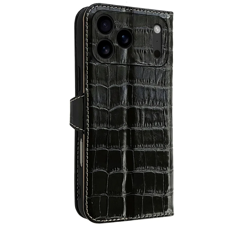 For iPhone 17 Pro Max Case Crocodile Texture Genuine Cow Leather Wallet Phone Cover - Black