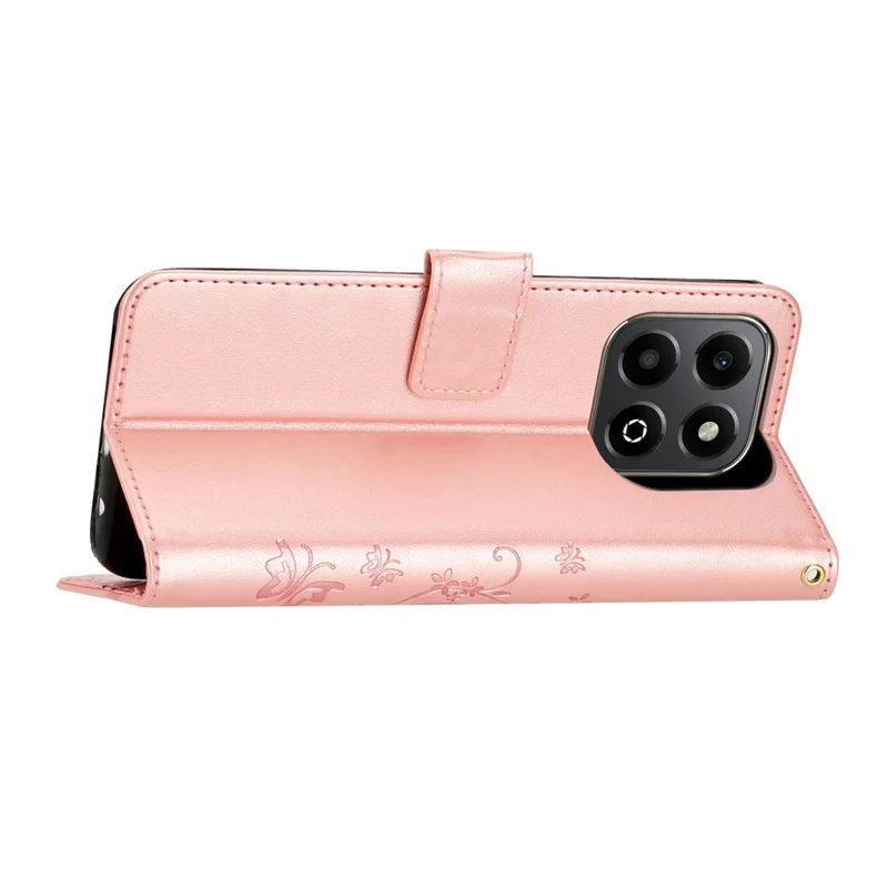 Leather Wallet Case for Honor 400 Smart 5G / 4G / X7d 4G Butterfly Flower Imprinted Phone Cover with Strap - Rose Gold
