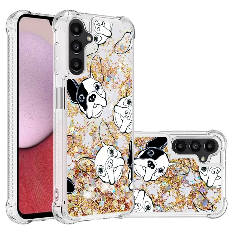 For Samsung Galaxy A14 5G / A14 4G TPU Case with Quicksand and Pattern Printed  - Black / White Puppy