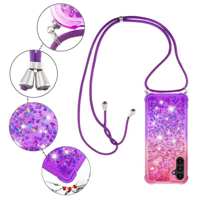 YB Quicksand Series-6 para Samsung Galaxy A14 5G / A14 4G Capa Traseira TPU Cor Gradiente Quicksand Phone Cover com Cordão - Rosa / Roxo