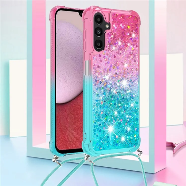 YB Quicksand Series-6 para Samsung Galaxy A14 5G / A14 4G Funda de TPU para la parte posterior Diseño de color degradado Funda de teléfono Quicksand con cordón - Rosa / Azul cielo