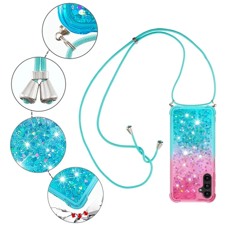 YB Quicksand Series-6 para Samsung Galaxy A14 5G / A14 4G Funda de TPU para la parte posterior Diseño de color degradado Funda de teléfono Quicksand con cordón - Rosa / Azul cielo