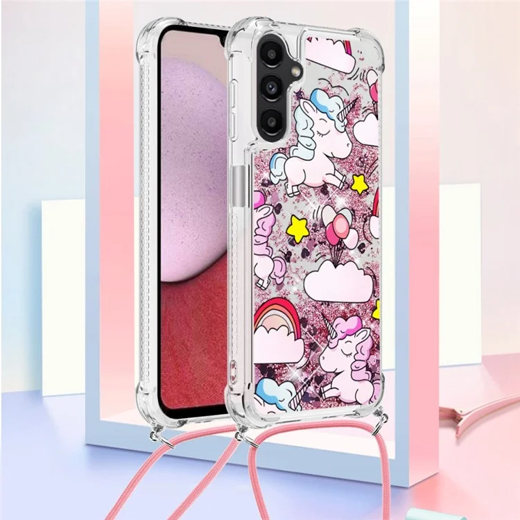 YB Quicksand Series-5 Para Samsung Galaxy A14 5G Liquid Quicksand Pattern Padring Phone Case Anti-srratch TPU Tampa Com Cordão - Cavalo e Nuvem