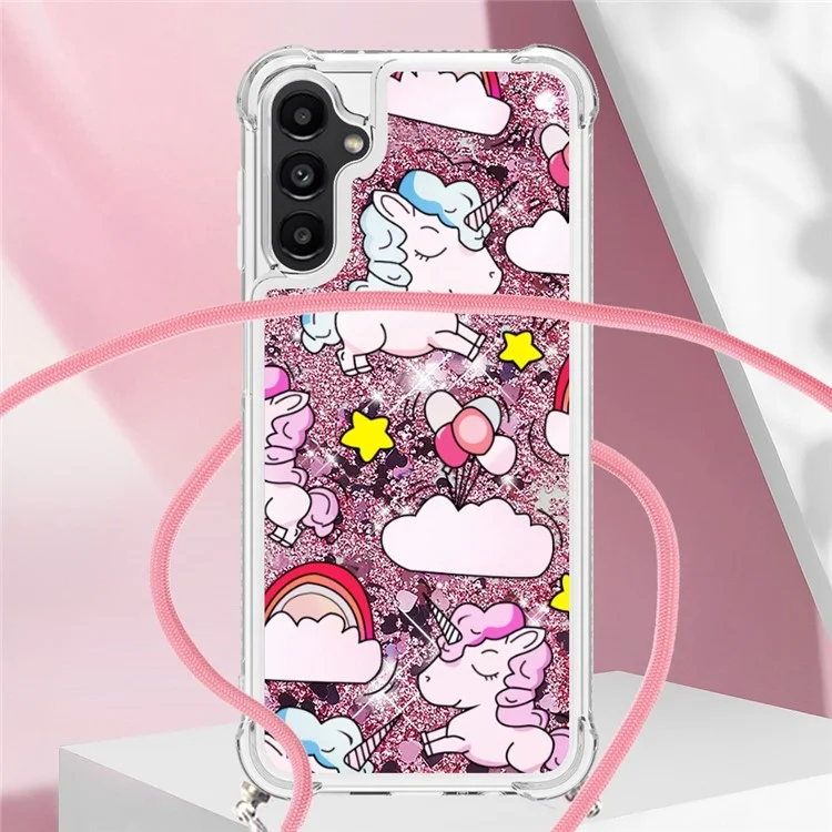 YB Quicksand Series-5 Para Samsung Galaxy A14 5G Liquid Quicksand Pattern Padring Phone Case Anti-srratch TPU Tampa Com Cordão - Cavalo e Nuvem
