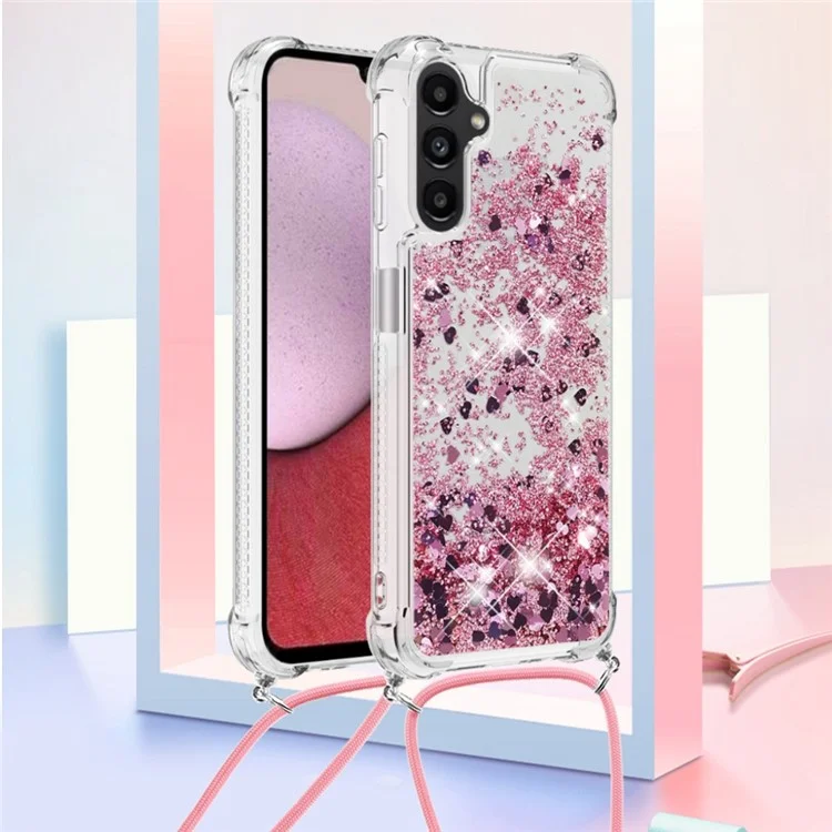 For Samsung Galaxy A14 5G / A14 4G TPU Case Quicksand Design Phone Cover with Lanyard - Rose Gold  /  Hearts