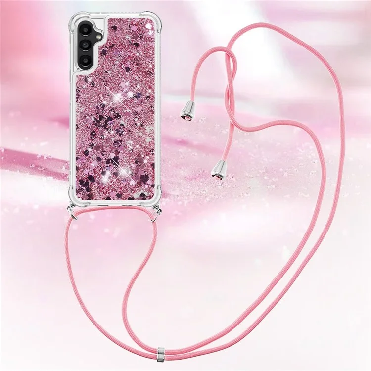 For Samsung Galaxy A14 5G / A14 4G TPU Case Quicksand Design Phone Cover with Lanyard - Rose Gold  /  Hearts