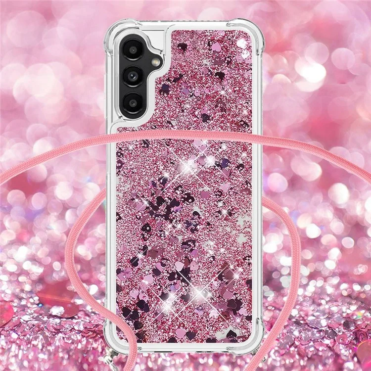 For Samsung Galaxy A14 5G / A14 4G TPU Case Quicksand Design Phone Cover with Lanyard - Rose Gold  /  Hearts