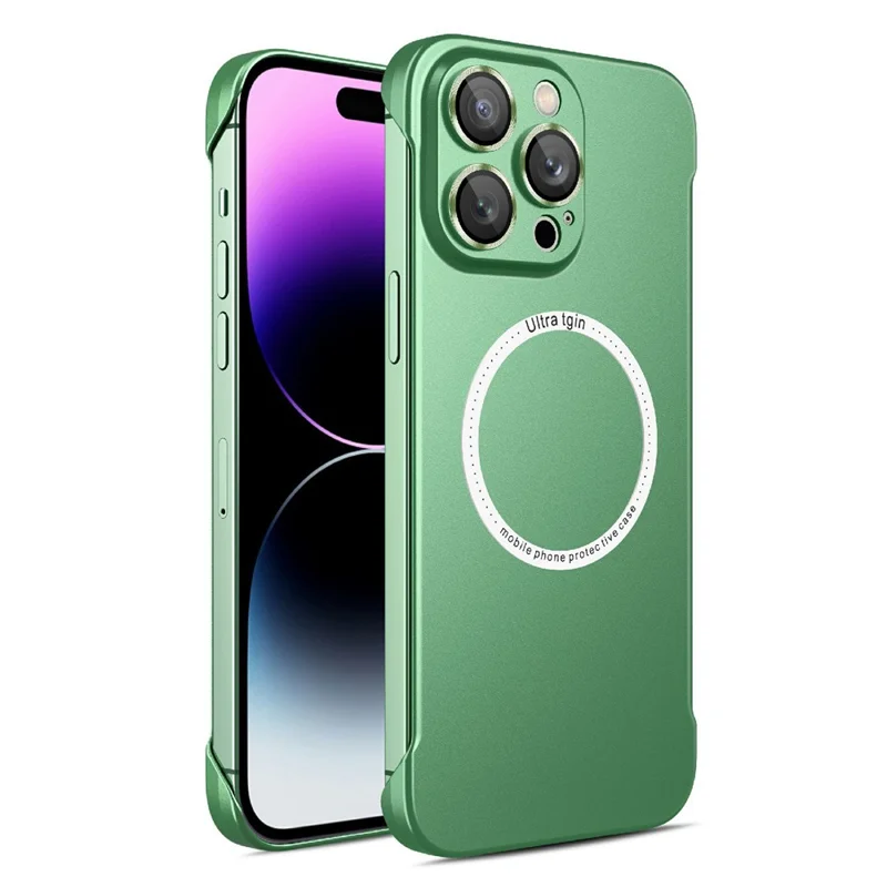 For iPhone 14 Pro Max Hard PC Phone Case Glass Lens Protector Frameless Protective Cover Compatible with MagSafe - Matcha Green