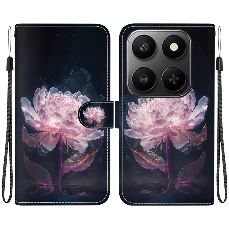 For Honor 400 Smart 5G / 4G / X7d 4G Wallet Phone Case Anti-Drop Pattern Printing Leather Flip Cover with Strap - Purple Peony