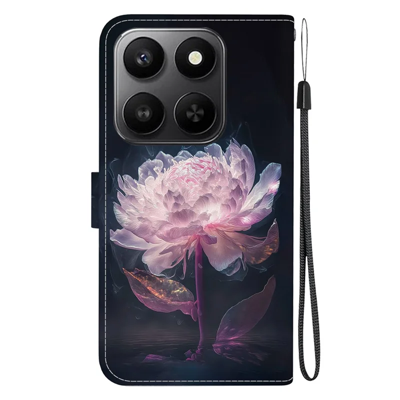 For Honor 400 Smart 5G / 4G / X7d 4G Wallet Phone Case Anti-Drop Pattern Printing Leather Flip Cover with Strap - Purple Peony