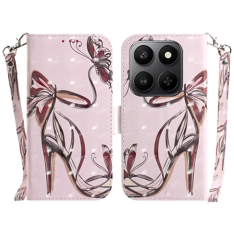 For Honor 400 Smart 5G / 4G / X7d 4G Case Pattern Printing Leather Wallet Phone Cover with Wrist Strap - Butterfly High Heels