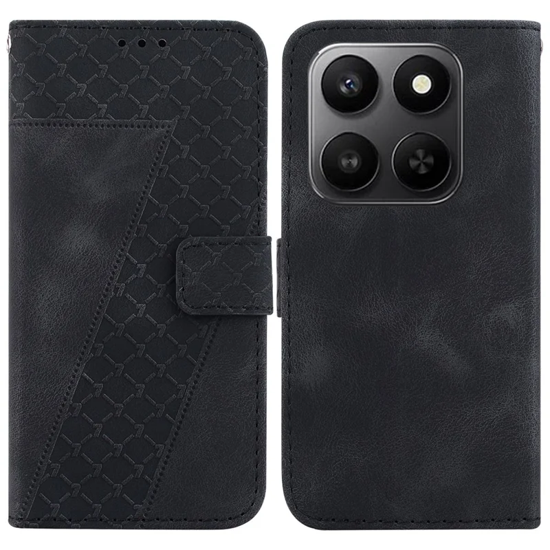 For Honor 400 Smart 5G / 4G / X7d 4G Stand Case 7-Shaped Pattern Imprint Leather Phone Cover with Strap - Black