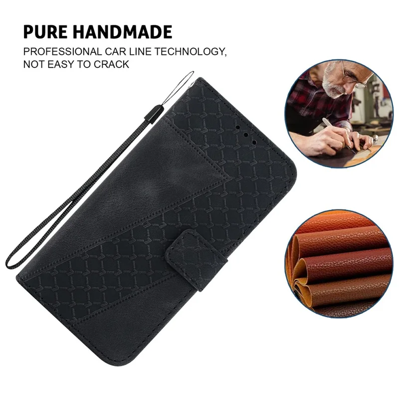 For Honor 400 Smart 5G / 4G / X7d 4G Stand Case 7-Shaped Pattern Imprint Leather Phone Cover with Strap - Black
