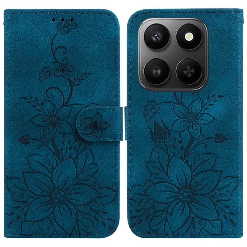 For Honor 400 Smart 5G / 4G / X7d 4G Stand Case Lily Flower Imprint Leather Phone Cover with Wrist Strap - Dark Blue