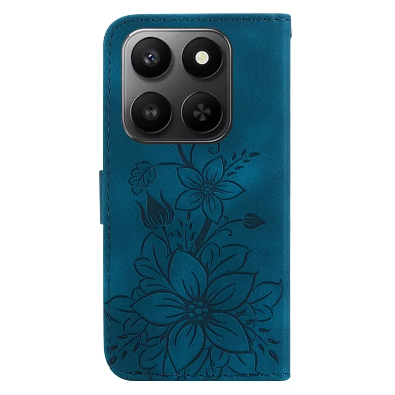 For Honor 400 Smart 5G / 4G / X7d 4G Stand Case Lily Flower Imprint Leather Phone Cover with Wrist Strap - Dark Blue