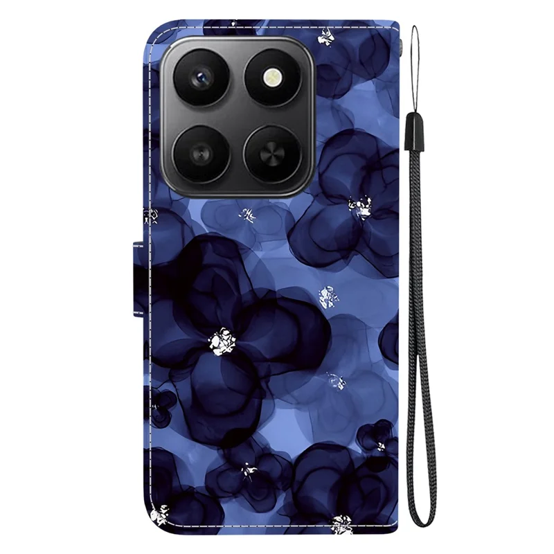 For Honor 400 Smart 5G / 4G / X7d 4G Wallet Case Pattern Printing Leather Stand Phone Cover with Strap - Ink Blue Flower