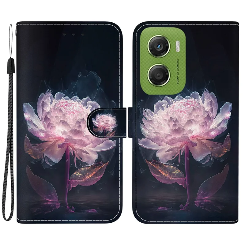 Motorola Moto G06 4G Geldbörse Handyhülle Anti-Drop Muster Bedruckt Leder Flip Cover mit Riemen - Lila Pfingstrose