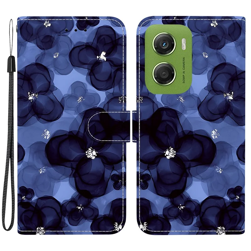 Futerał portfelowy z nadrukiem dla Motorola Moto G06 4G, pokrowiec ze skóry z podstawką i paskiem na nadgarstek - niebieski kwiatowy wzór